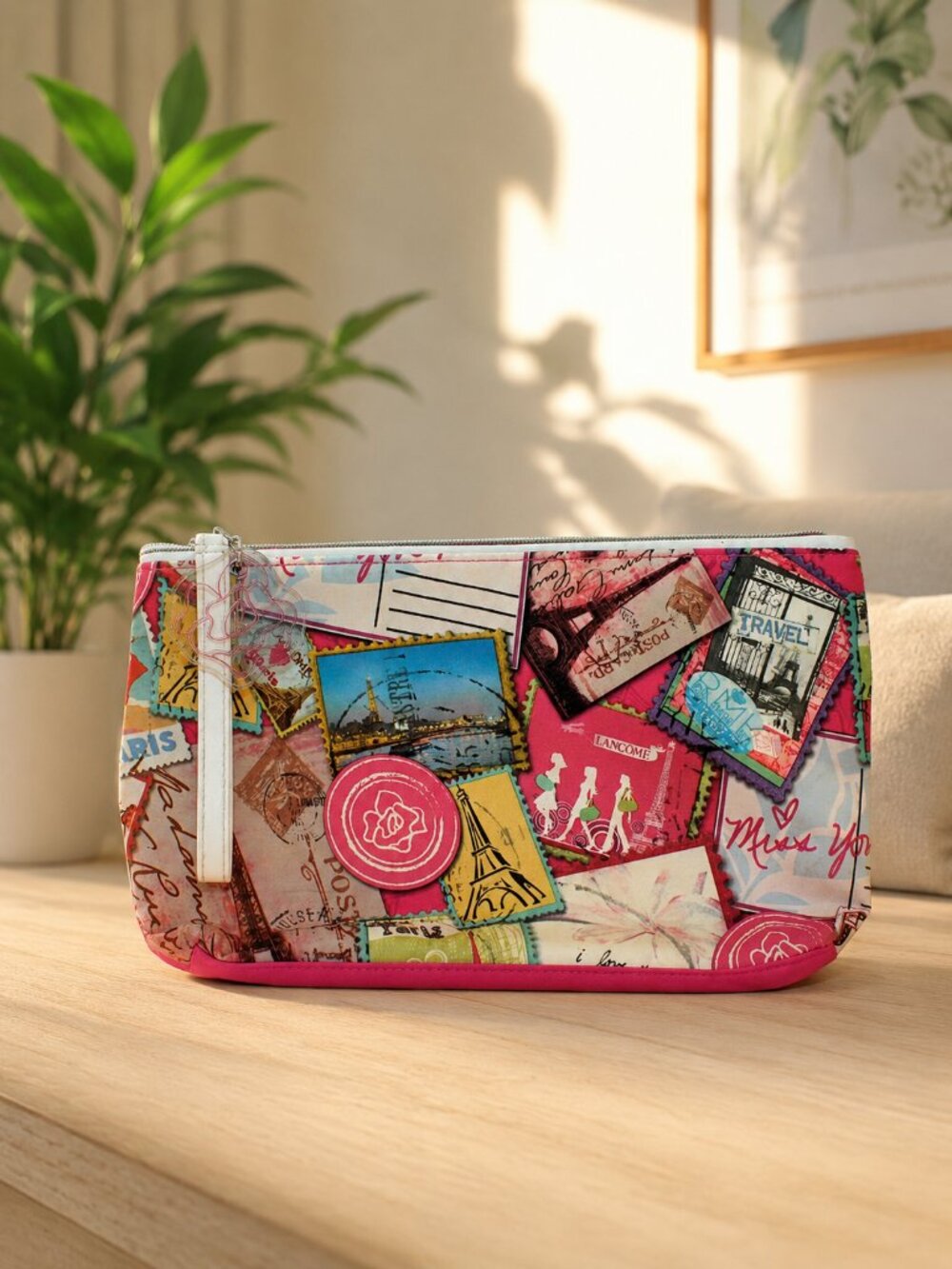 Paris Travel Print Cosmetic Bag Pink Makeup Pouch Postcard